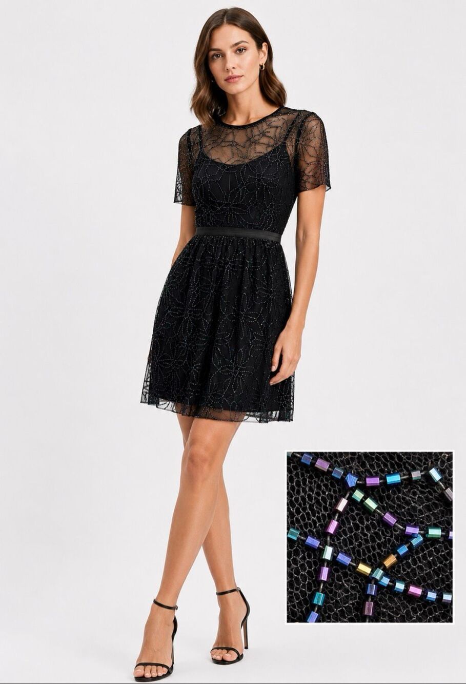 Needle & Thread Black Petrol Beaded Tulle Cocktail Mini Dress NWT US 2